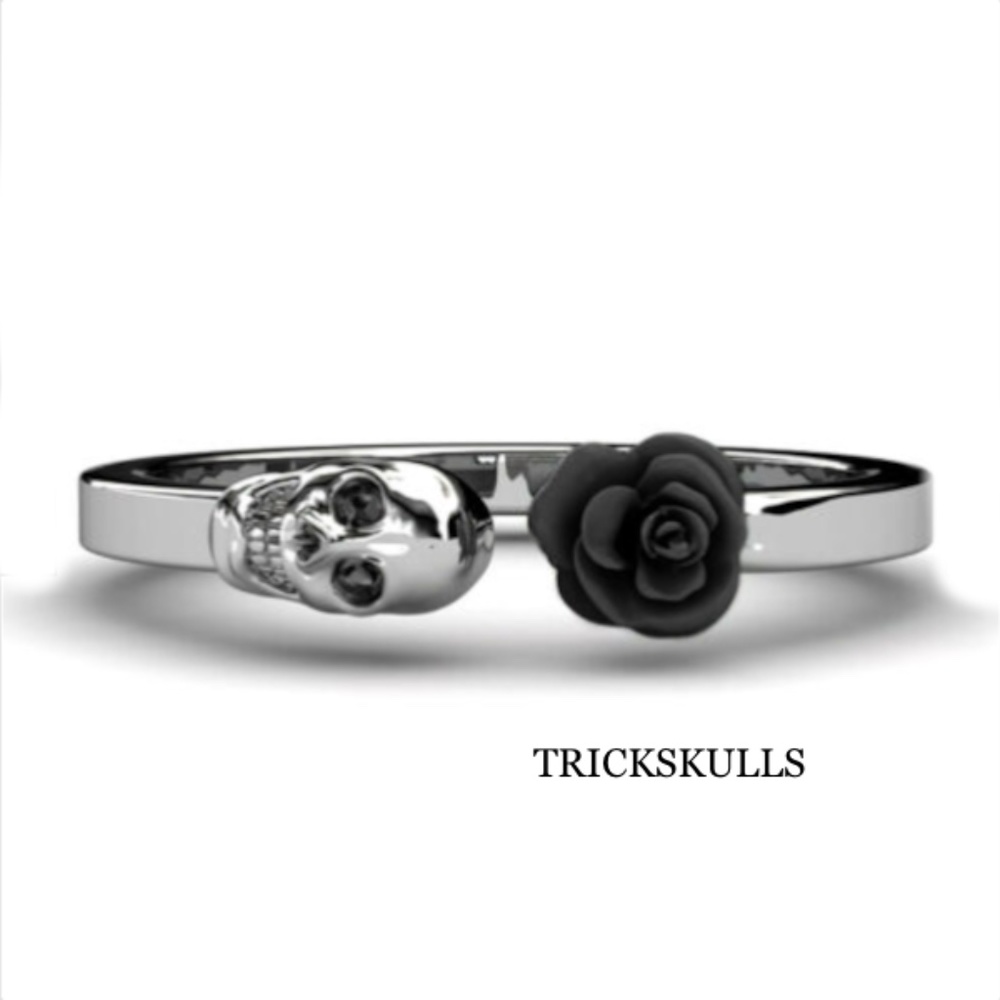 Silver Stainless Black Rose & Skull Adjustable Open Ring Size 6 8 9 10 New!